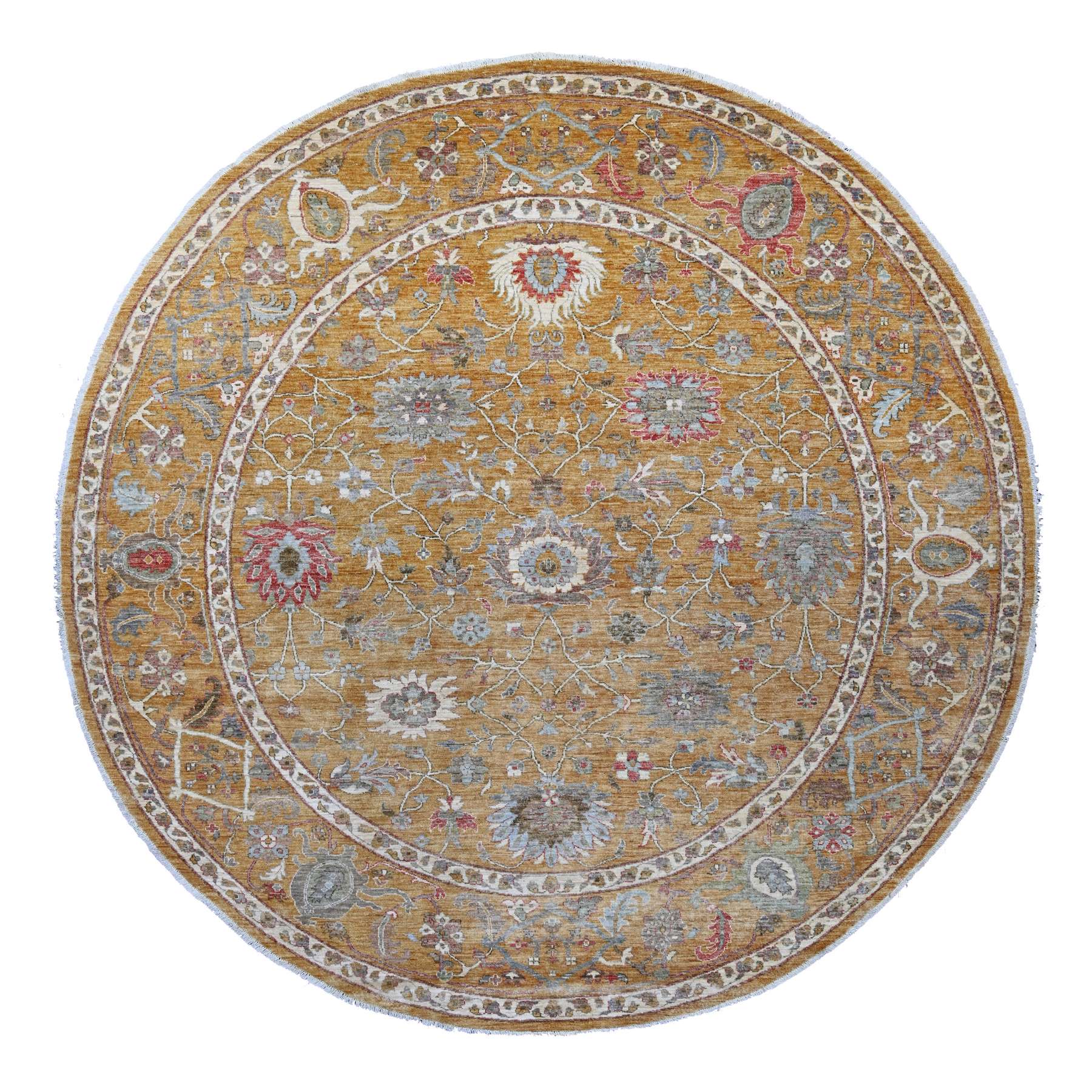 10'x10' Golden Brown, Peshawar with Ziegler Mahal Design, High Mountain Wool, Denser Weave, Hand Knotted, Round, Oriental Rug 